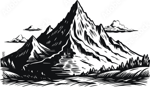 Gravure Sketch Of A Mountains vector design, PNG, JPG