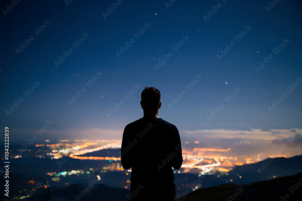 Fototapeta premium silhouette of person standing on top of the mountain