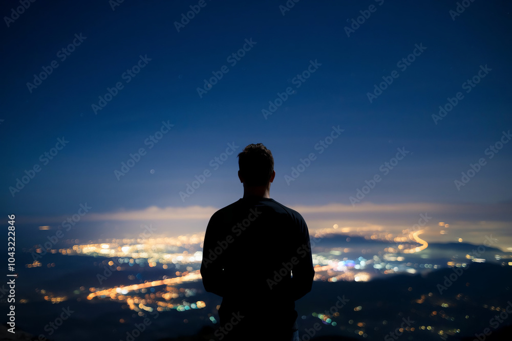 Fototapeta premium silhouette of a man standing on a mountain at night