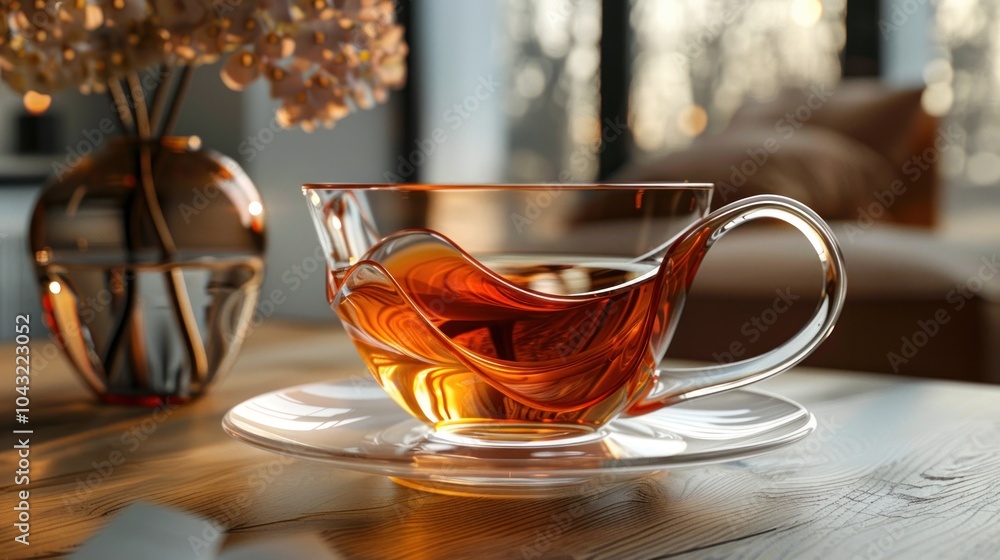 A cozy afternoon with steaming tea in an elegant cup, basking in warm sunlight near a flower vase. Generative AI A cozy afternoon with steaming tea in an elegant cup, basking in warm sunlight near a flower vase. Generative AI
