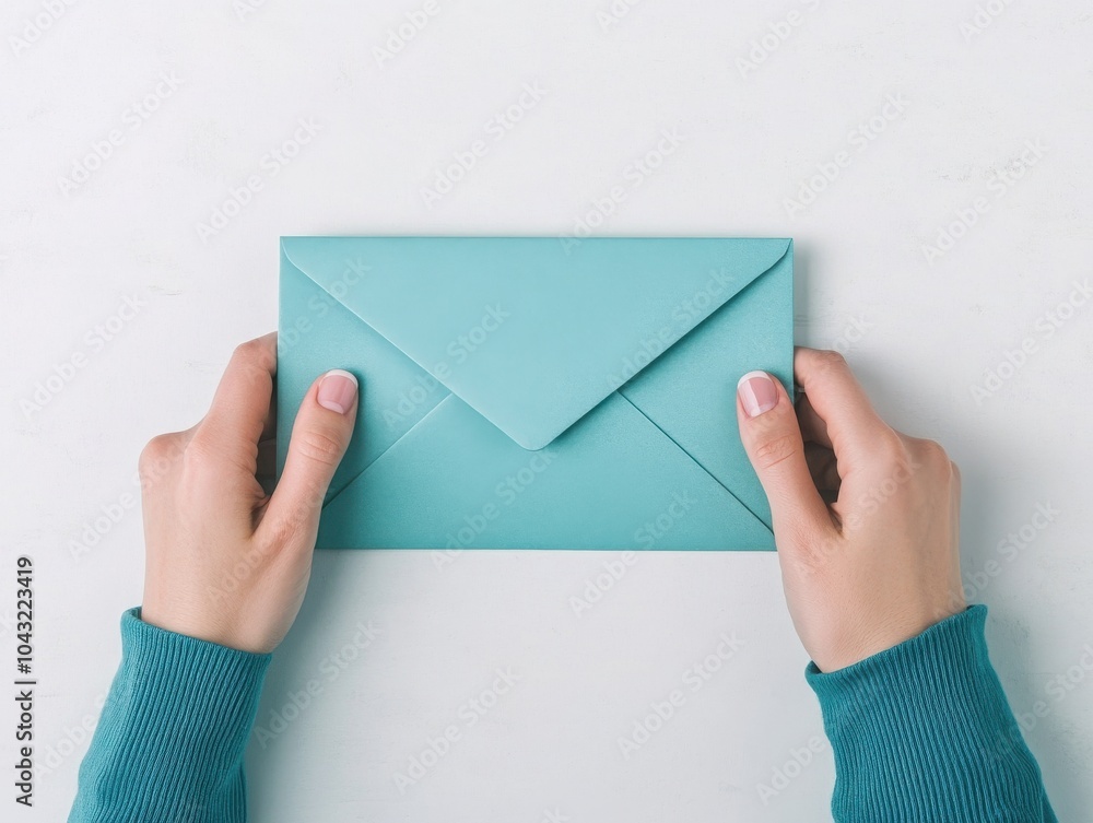 A person holds a teal envelope against a white background, symbolizing communication and personal messaging. A person holds a teal envelope against a white background, symbolizing communication and personal messaging.