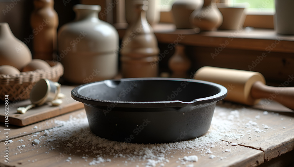 Cast iron cooking pot, rustic mood, placed on a wooden table, with kitchenware background Cast iron cooking pot, rustic mood, placed on a wooden table, with kitchenware background