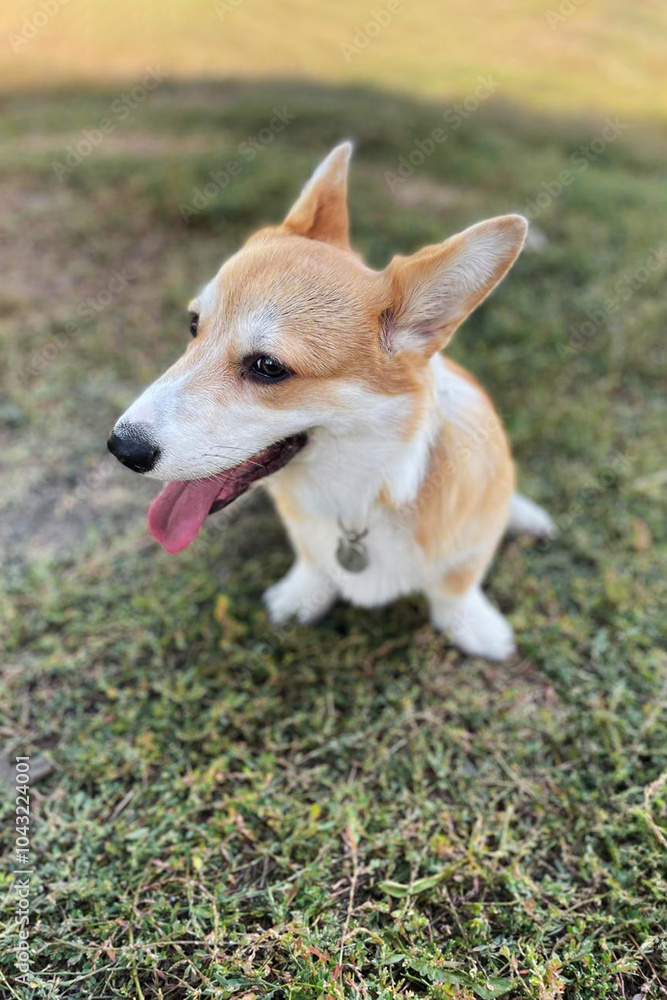 A cute corgi dog sits on the grass with his tongue out on a warm summer afternoon A cute corgi dog sits on the grass with his tongue out on a warm summer afternoon