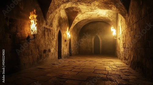 Eerie medieval dungeon room with fire torches lighting the cold stone floors and walls, shadows stretching ominously across the room.