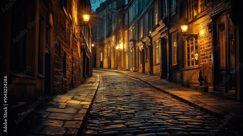Obraz premium Empty cobblestone street in a Victorian city, illuminated by warm gas lamps. The quiet and shadows create a mysterious atmosphere.