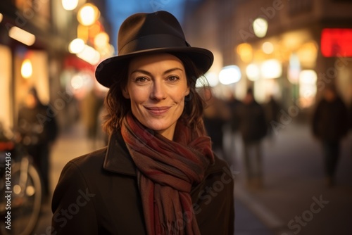 Portrait of a beautiful woman in a hat, scarf and coat at night