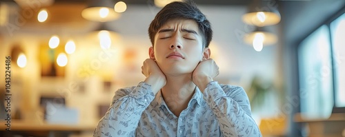 Office workers have neck pain from bad posture during sitting and work, Generative AI