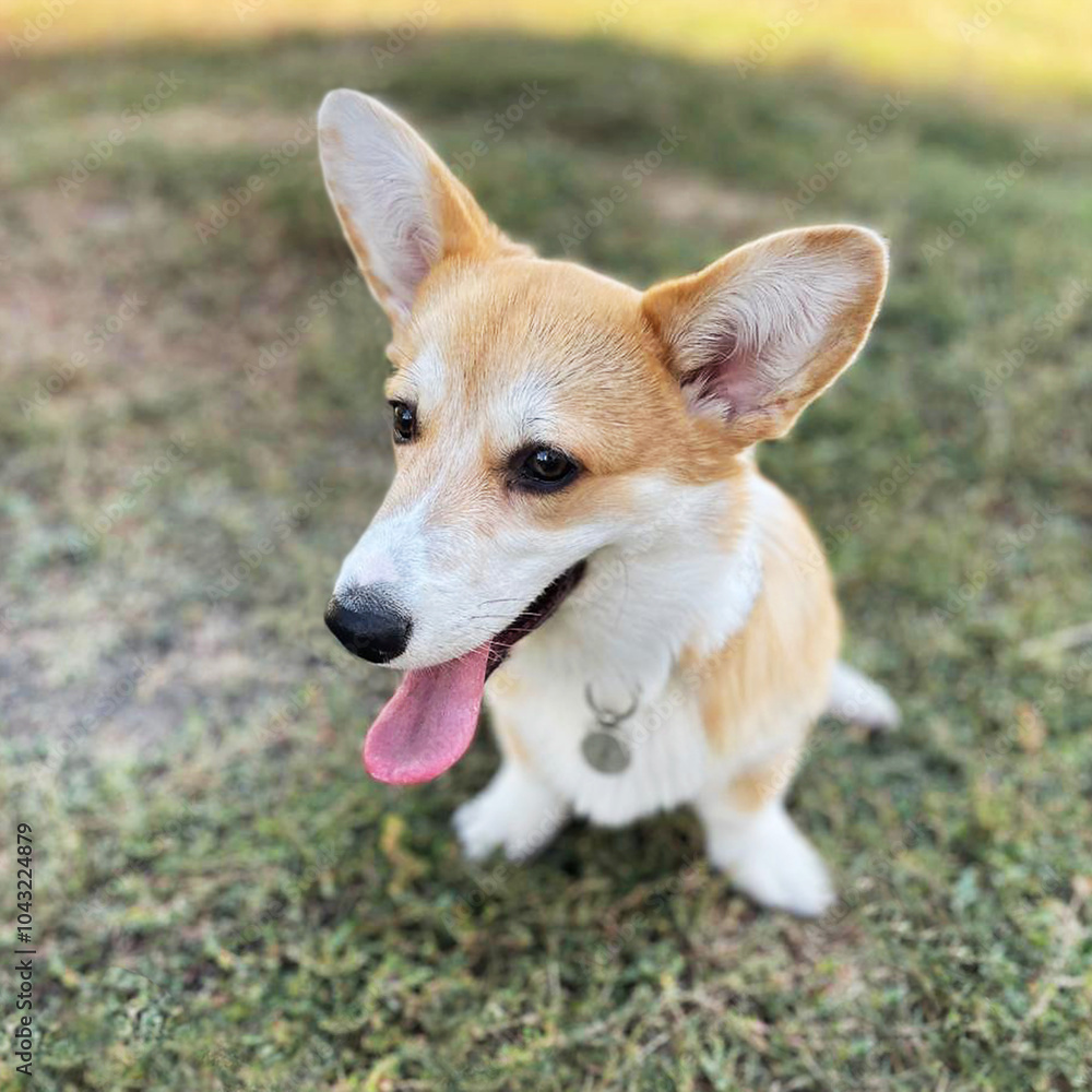 On a warm summer day, a corgi dog sits on the grass in the park with his tongue out. On a warm summer day, a corgi dog sits on the grass in the park with his tongue out.