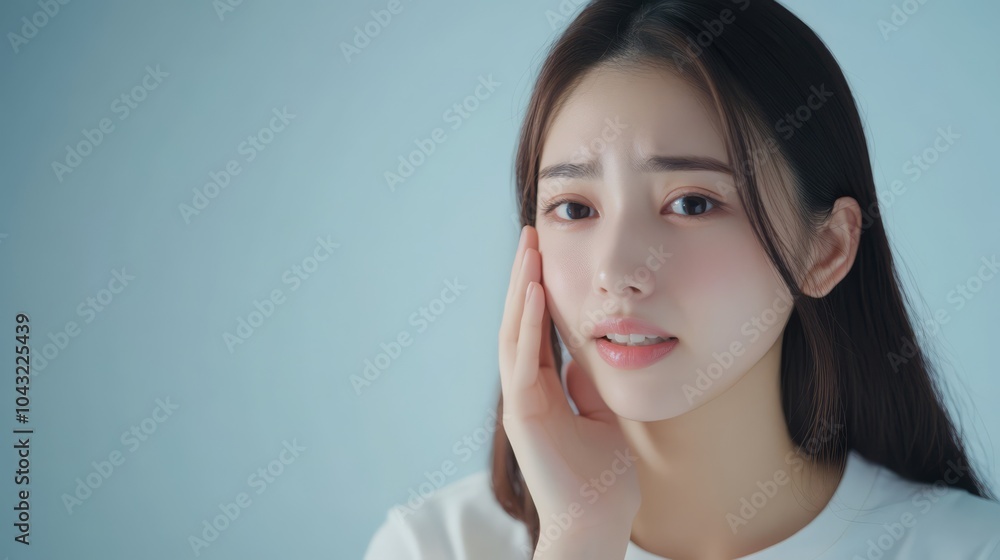 Concerned Young Woman: A portrait of a young Asian woman gently touching her face, expressing concern or contemplation. Her thoughtful expression invites viewers to connect with her emotions. Concerned Young Woman: A portrait of a young Asian woman gently touching her face, expressing concern or contemplation. Her thoughtful expression invites viewers to connect with her emotions.