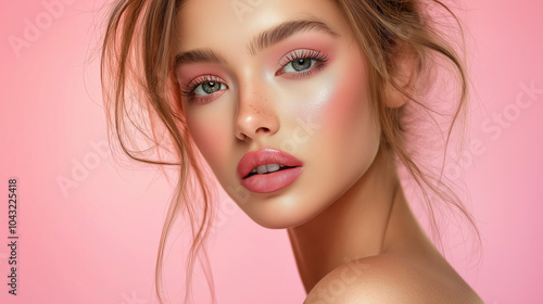 close up portrait of a woman, makeup model, cosmetics, pink tone makeup