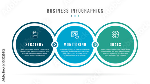 Modern and clean infographic template showcasing three steps: strategy, monitoring, and goals. Ideal for business presentations, project planning, and performance tracking.
