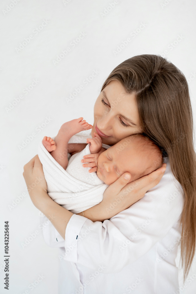 a mother with a newborn baby, a young mother gently hugs and kisses her newborn son, a space for text, a happy family and maternal love and care