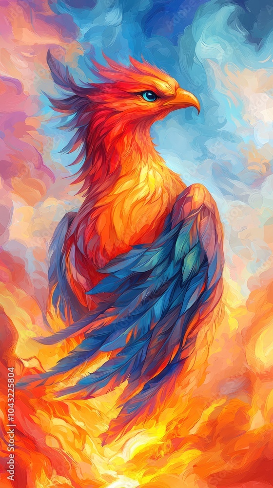 Fototapeta premium A vibrant phoenix rises from flames, showcasing a colorful display of reds, oranges, and blues, symbolizing rebirth and resilience.
