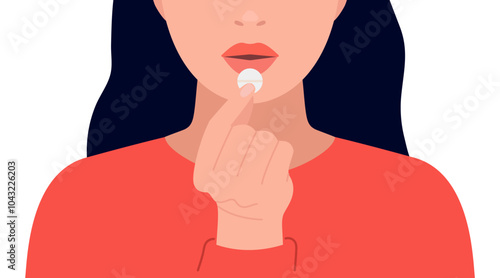 Depressed woman taking antidepressant drug pill, painkillers. Sad girl hold handful medicine. Fighting anxiety hormonal drugs. Medication treating illness or disorder health. Vector illustration