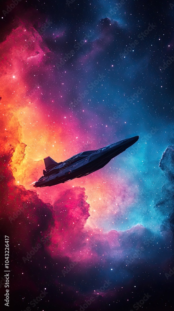 Naklejka premium A vibrant cosmic scene featuring a spaceship navigating through colorful nebulae in deep space.