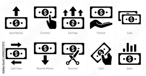 A set of 10 finance and money icons as send money, currency, earnings