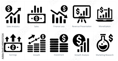 A set of 10 finance and money icons as sales analytics, sales, finance loss