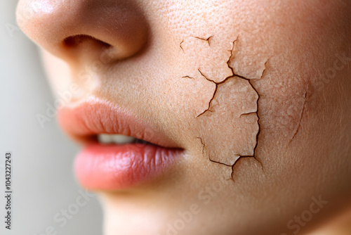 Young woman with cracked dry skin on her face, depicting extreme skin dryness