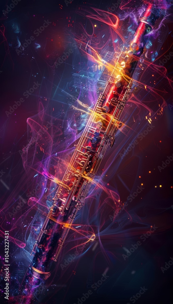 A vibrant and colorful flute surrounded by swirling abstract patterns, perfect for representing music, artistry, and creative expression. A vibrant and colorful flute surrounded by swirling abstract patterns, perfect for representing music, artistry, and creative expression.
