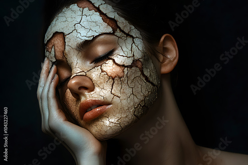 Young woman with cracked dry skin on her face, depicting extreme skin dryness photo