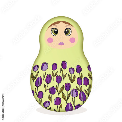 Russian Matryoshka. Traditional Russian folklore dolls with big eyes and lips. Babushka doll with hohloma, traditional painted floral pattern. Hand drawn vector illustration