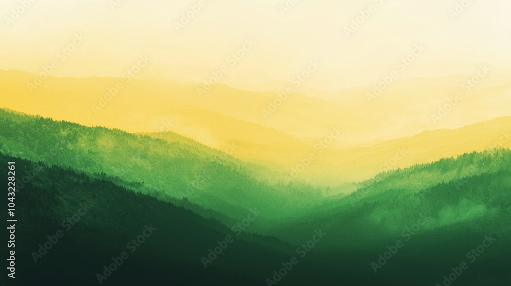 Obraz premium Green mountain peaks fading to yellow, morning mist rising over lush forest. Serene, vibrant nature scene with golden sunlight. Peaceful wilderness moment