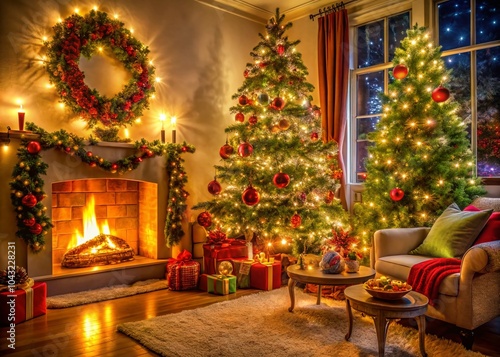 Cozy Christmas Lounge Decor with Festive Elements and Warm Ambiance