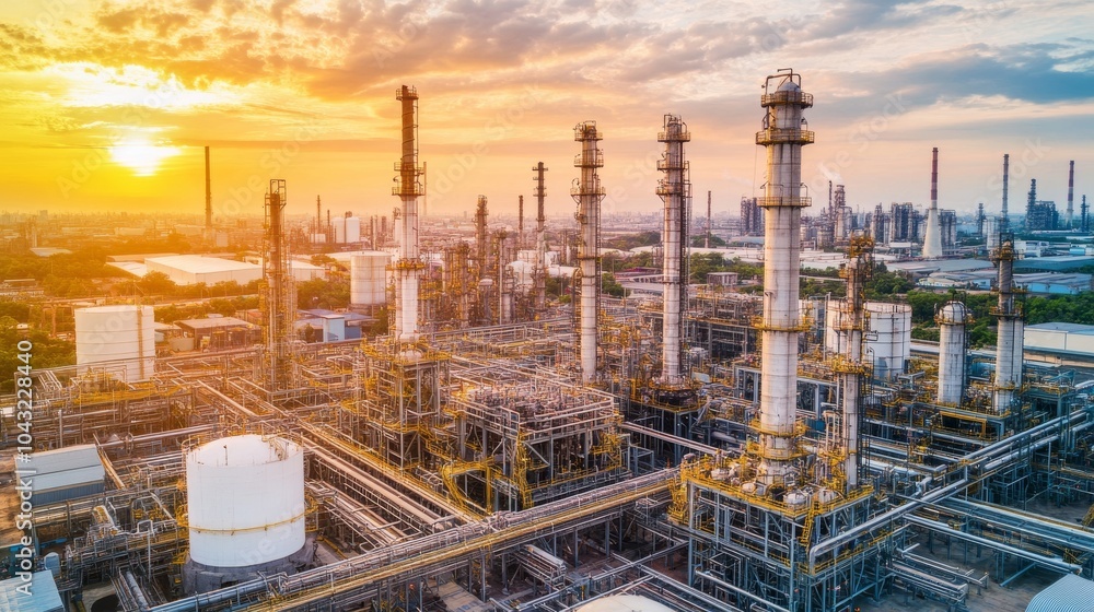 Aerial view of an industrial oil refinery with tall chimneys against a vibrant sunset sky, showcasing modern infrastructure and energy production. Aerial view of an industrial oil refinery with tall chimneys against a vibrant sunset sky, showcasing modern infrastructure and energy production.