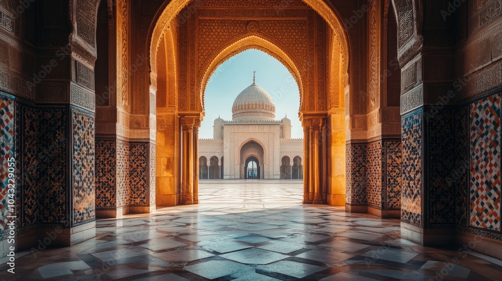 Fototapeta premium Serene view through an Arab archway, leading to a majestic mosque, framed by intricate architectural details and soft lighting.