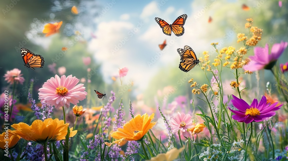 A beautiful garden filled with colorful flowers in full bloom, attracting butterflies and bees, representing the beauty of spring A beautiful garden filled with colorful flowers in full bloom, attracting butterflies and bees, representing the beauty of spring