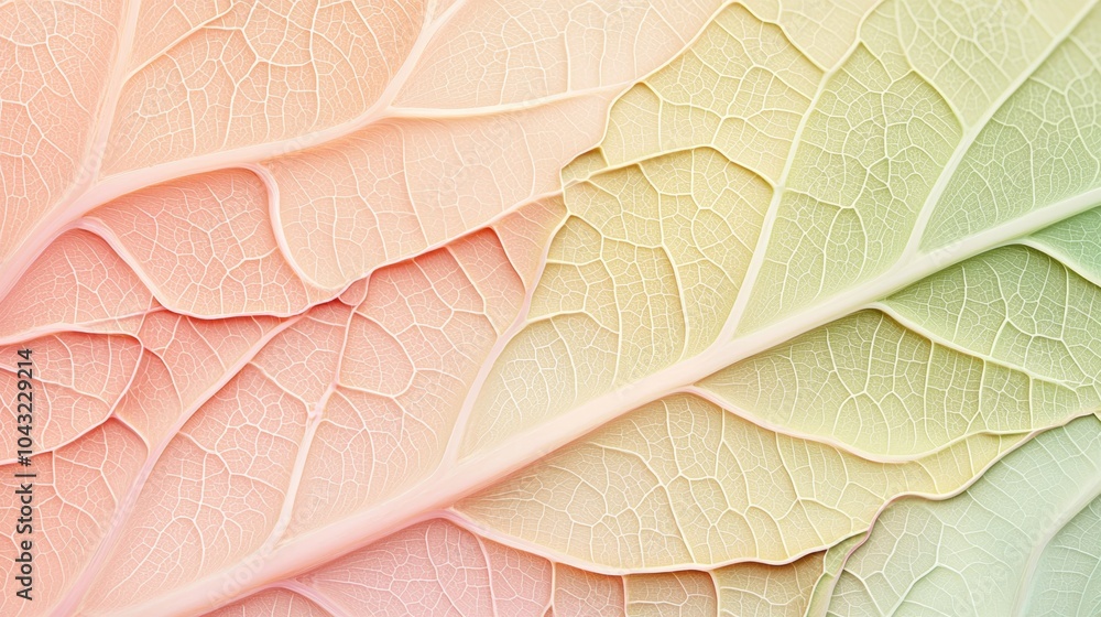 Obraz premium Macro photography of leaf veins creating a delicate pattern, toned with pastel colors for a soft and elegant effect. The image evokes nature's beauty and intricate details