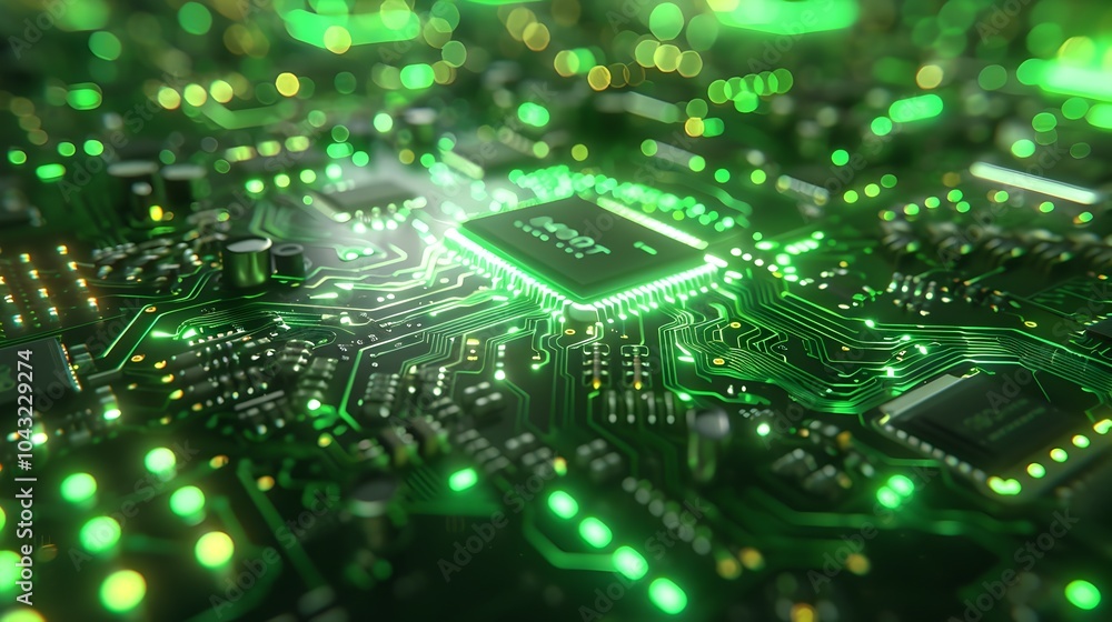 Futuristic Microchip Data Analysis with Green Neon Glow and Depth of Field Futuristic Microchip Data Analysis with Green Neon Glow and Depth of Field