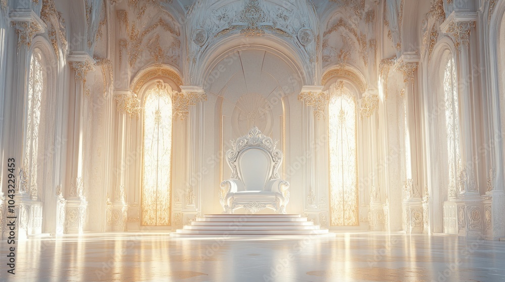 Obraz premium Spacious throne hall with a majestic white throne, bathed in soft light, surrounded by delicate architectural details, evoking a serene yet royal mood.