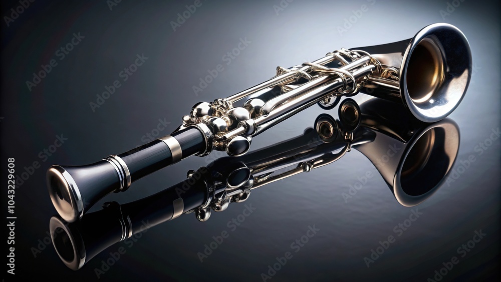 Naklejka premium High angle view of a clarinet bell on reflective surface with dark background