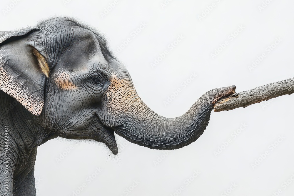 Fototapeta premium Elephant interacting with a branch, white isolated background
