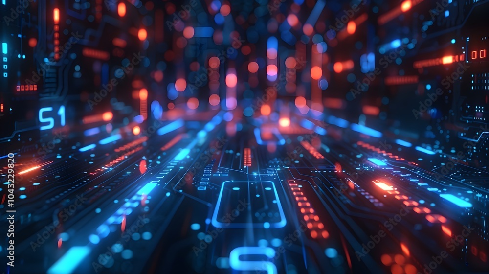 Intricate Data Analysis from a Futuristic Microchip with Glowing Blue Neon Patterns and Numeric Depth of Field Intricate Data Analysis from a Futuristic Microchip with Glowing Blue Neon Patterns and Numeric Depth of Field