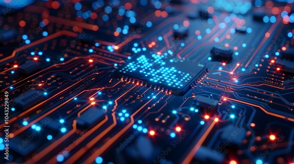 Futuristic Data Analysis Microchip with Neon Blue Depth of Field Futuristic Data Analysis Microchip with Neon Blue Depth of Field