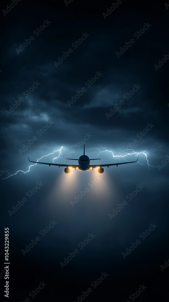 An aircraft is illuminated as it navigates through dark storm clouds with lightning illuminating the ominous sky An aircraft is illuminated as it navigates through dark storm clouds with lightning illuminating the ominous sky