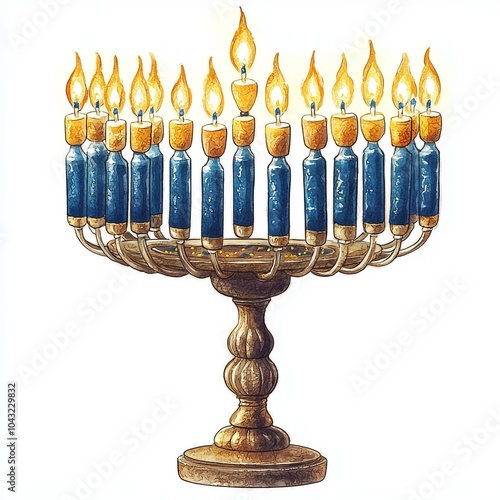 Colorful menorah with glowing candles, white isolate background. photo