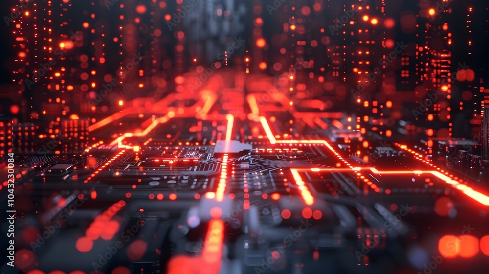 Obraz premium Analyzing Data from Microchip in Vivid Red Neon Glow with Depth of Field