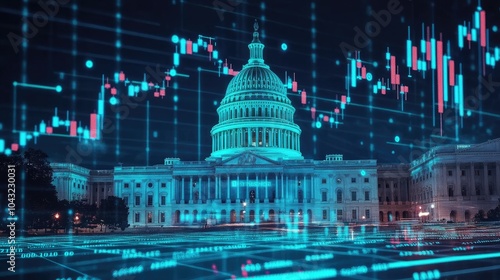 The Capitol Building highlighted with a blend of digital stock market visuals and financial graphs, illustrating political and economic connections.