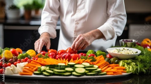 A professional chef arranging an artistic dish entirely from fruits and vegetables