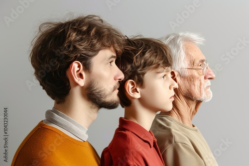 A man stands with a boy and an elderly man in profile, showcasing three generations with distinct features and expressions