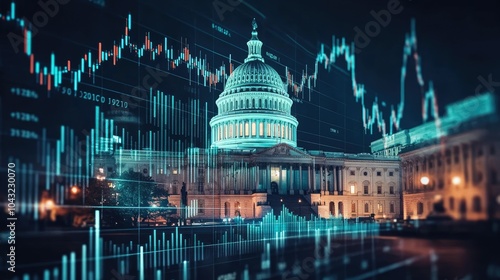 The Capitol Building overlaid with stock market charts and financial data, showcasing political influence on market trends in a modern design.