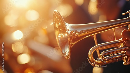 A beautiful image of a trumpet glistening in the sunlight, with a blurred background of a jazz band in action.