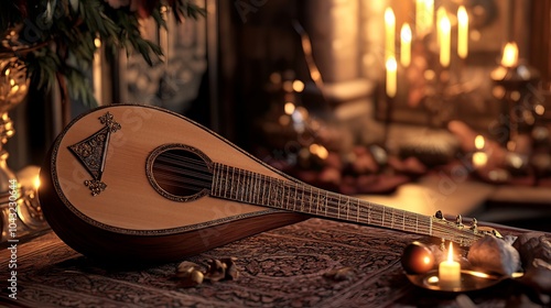 A beautifully crafted lute displayed in an elegant setting.