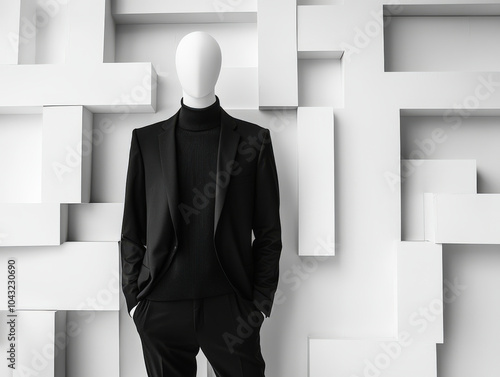 stylish mannequin dressed in sleek black suit stands against modern geometric white wall, showcasing contemporary fashion trends. minimalist design emphasizes elegance and sophistication