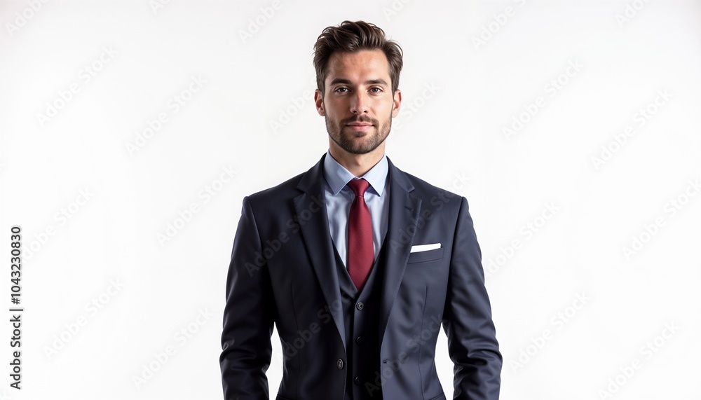 Confident young businessman in a tailored suit and tie posing against a white background, fashion photography Confident young businessman in a tailored suit and tie posing against a white background, fashion photography