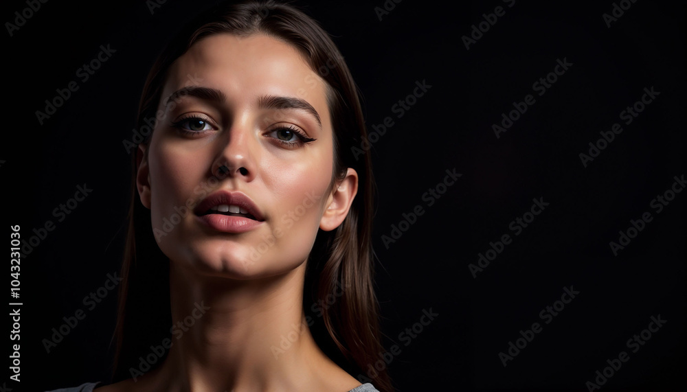 Close-up portrait of a confident young woman with sleek hair and bold eyeliner against a black background, fashion photography, copy space Close-up portrait of a confident young woman with sleek hair and bold eyeliner against a black background, fashion photography, copy space