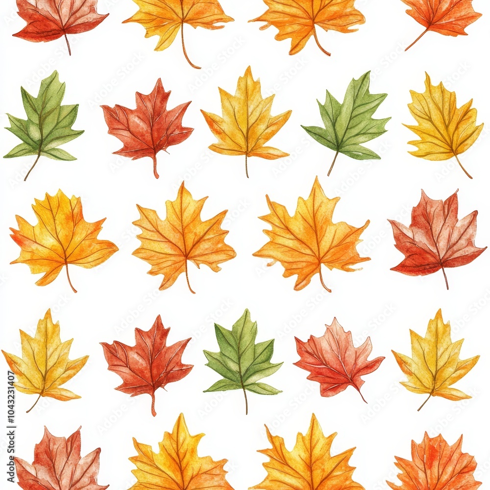 A seamless pattern of autumn leaves drawn in watercolor A seamless pattern of autumn leaves drawn in watercolor
